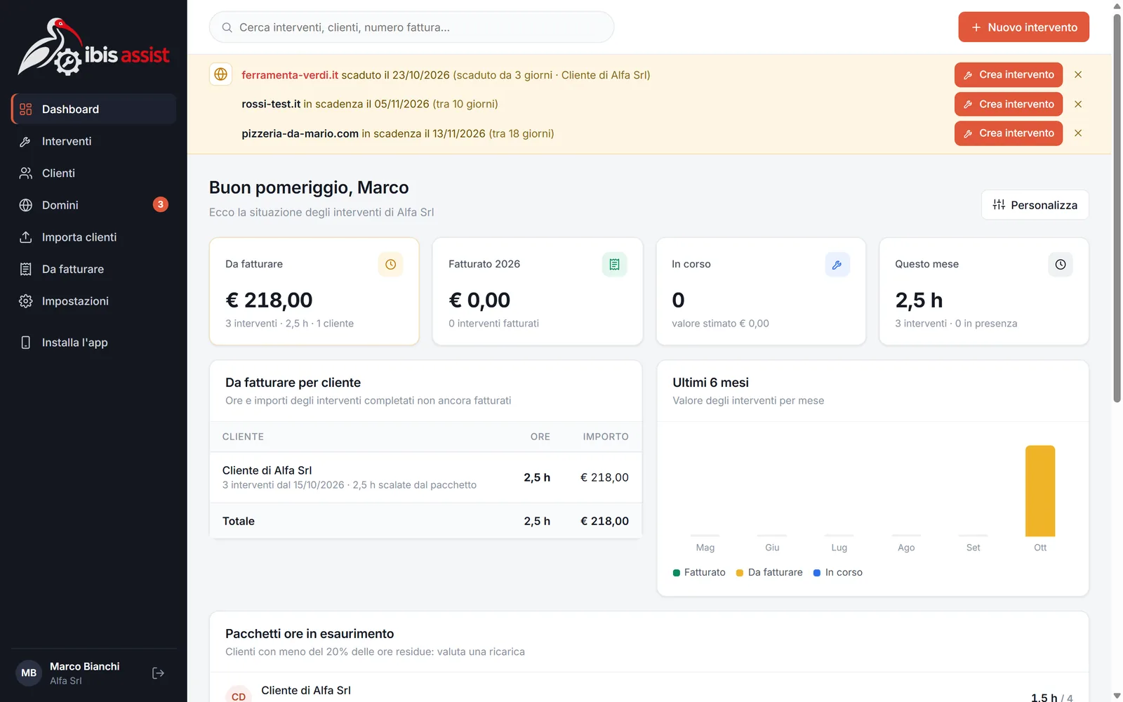 Dashboard di Ibis Assist CRM con importi da fatturare, fatturato, interventi in corso e ore del mese