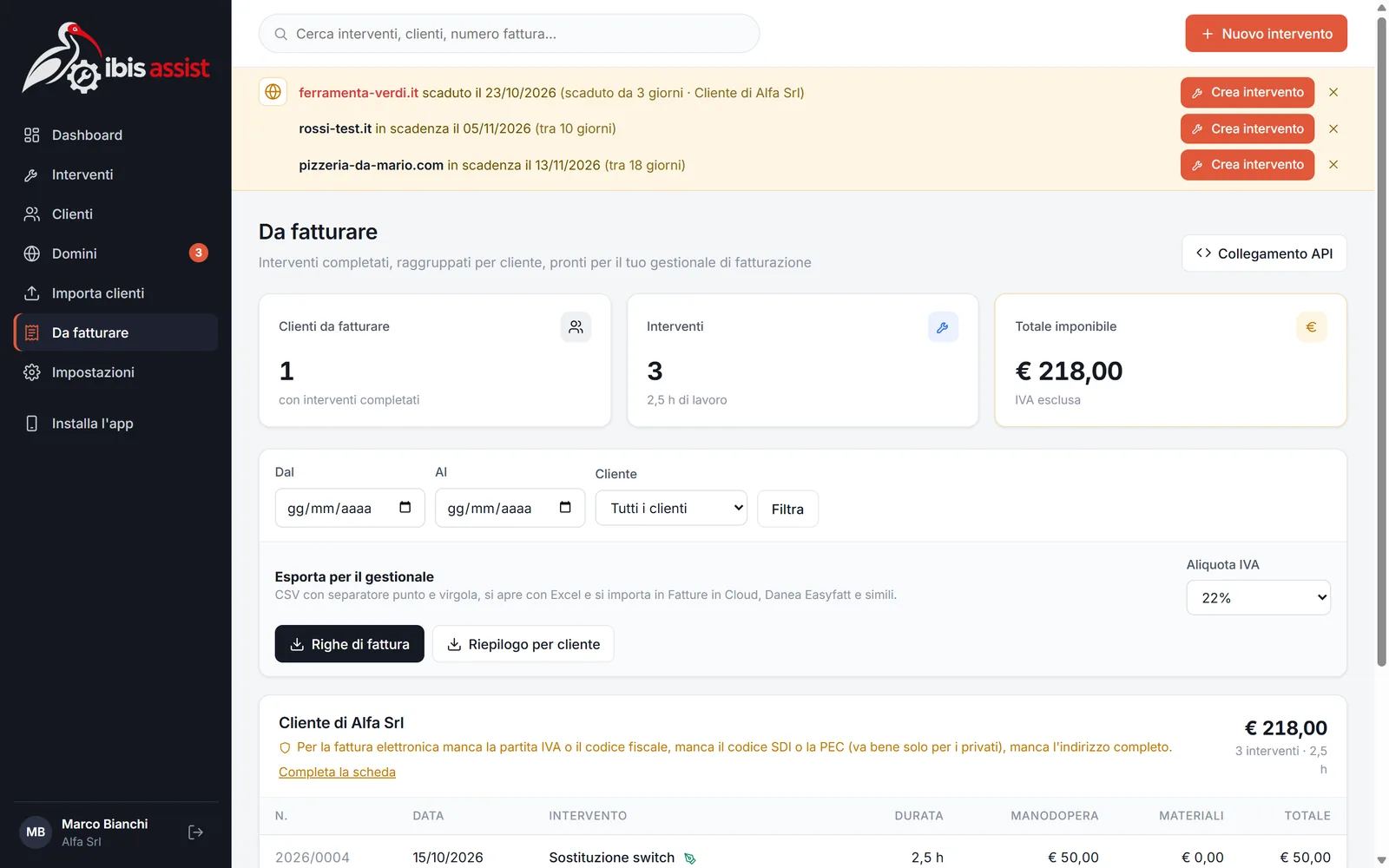 Pagina Da fatturare di Ibis Assist CRM con gli interventi raggruppati per cliente
